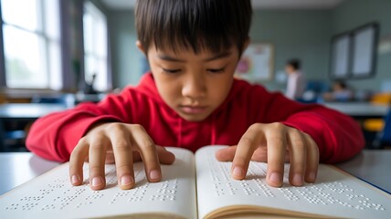 Blind child reading braille book in classroom education
