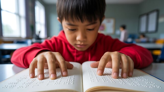 Blind child reading braille book in classroom education
- Powered by Adobe