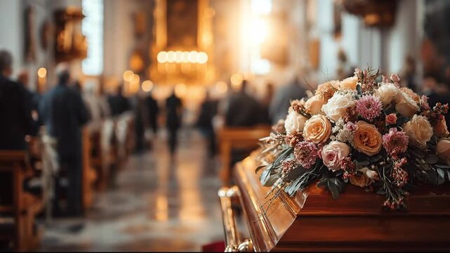 A floral arrangement rests atop a wooden casket during a solemn funeral service, with mourners gathered.