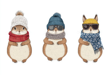 Three funny hipster squirrels wearing winter hats scarves and sunglasses, cute cartoon autumn animals friends illustration set isolated on white background

