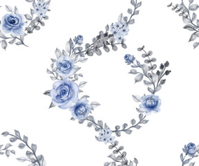 seamless continuous pattern of rose branches with watercolor leaves and blue buds on a transparent background