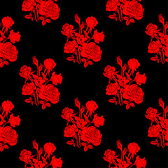 seamless continuous pattern of red rose branches with thorns and buds on a black background.eps