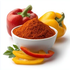 fine red or yellow paprika-like bell pepper powder in a white ceramic bowl with fresh pepper slices placed nearby. Bright white background,