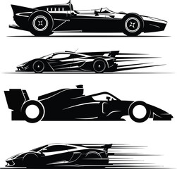 Fototapeta premium Collection of four black and white race car silhouettes