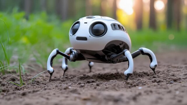 Pocket spider-bot strolls on forest soil, blue LED eyes glowing in cinematic outdoor robotics scene