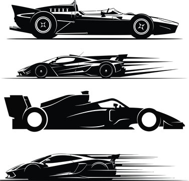 Collection of four black and white race car silhouettes