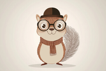 Cute white squirrel gentleman in top hat and glasses, funny 3d anthropomorphic animal character wearing scarf on beige background

