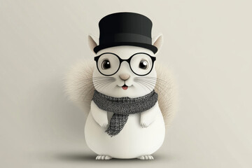 Cute white squirrel gentleman in top hat and glasses, funny 3d anthropomorphic animal character wearing scarf on beige background

