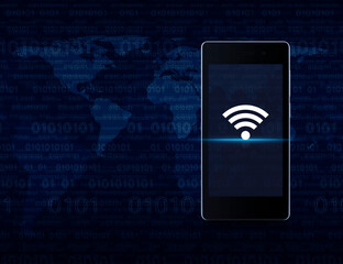 Wi-fi connection flat icon on modern smart mobile phone screen over computer binary code blue background, Technology and internet concept, Elements of this image furnished by NASA