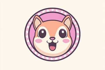 Cute happy squirrel cartoon mascot in pink circle badge, kawaii hamster face sticker vector illustration isolated on white background

