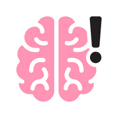 Brain icon with exclamation mark. Human brain black & pink sign, symbol. Anatomy, intelligence, mind, memory, medical concept. Vector illustration. Editable stroke. Flat design decor element.