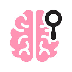 Brain icon with magnifying glass. Human brain black & pink sign, symbol. Anatomy, intelligence, mind, memory, medical concept. Vector illustration. Editable stroke. Flat design decor element.