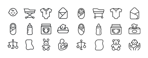 Baby care icons set featuring stroller, onesie, blanket, bottle,