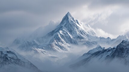 Ethereal snow-covered mountain peak surrounded by a misty and cloudy mountain range
