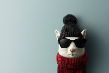 Cozy surprised squirrel in yellow winter hat and glasses on teal background, cute anthropomorphic woodland animal portrait illustration