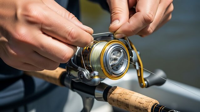 Person preparing fishing rod, winding line onto spool for angling trip
