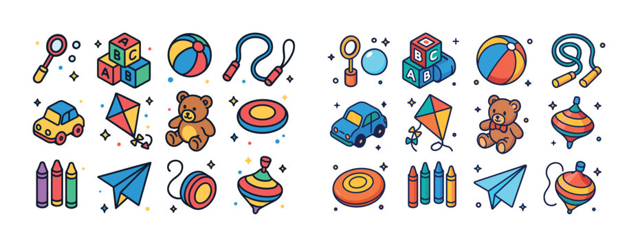 Colorful toy icons collection featuring balls, cars, bears, and