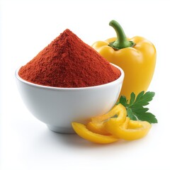 fine red or yellow paprika-like bell pepper powder in a white ceramic bowl with fresh pepper slices placed nearby. Bright white background,