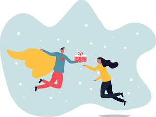 Obraz premium A superhero man gives his girlfriend a Valentine's Day gift.