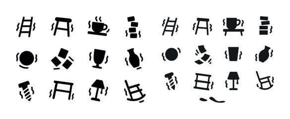 Quirky black silhouettes of shaking objects including chair, cup