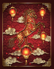 Golden horse with lanterns and clouds oriental prosperity art