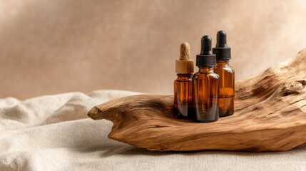 Fototapeta premium Amber glass dropper bottles with essential oils on driftwood for wellness branding, self-care product display, spa packaging design, natural aromatherapy concept