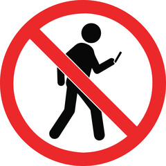 Prohibition sign: no walking while using mobile phone due to safety concerns