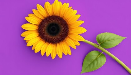 A Bright Yellow Sunflower with Green Leaves on a Vibrant Purple Background, Ideal for Seasonal Decorations and Floral Presentations