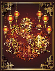 Golden horse with lanterns oriental prosperity illustration