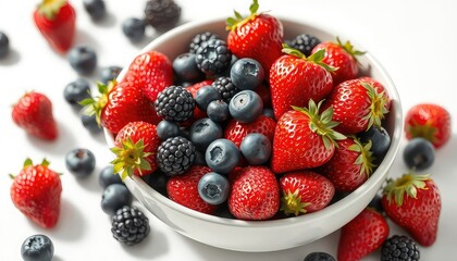 A Delicious Assortment of Fresh Summer Berries in a White Bowl, Perfect for Healthy Eating Presentations and Refreshing Recipes