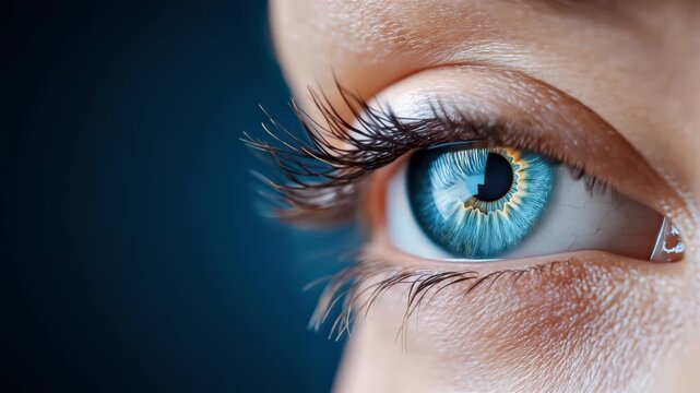 Sapphire-blue eye blink macro, crisp eyelashes and wet reflections on deep navy background