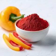 fine red or yellow paprika-like bell pepper powder in a white ceramic bowl with fresh pepper slices placed nearby. Bright white background,