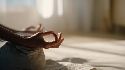 Hands in yoga mudra pose on beige linen mat for mindfulness branding, mental wellness content, meditation app visuals, holistic self-care concept, natural morning light aesthetic