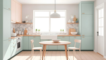 Fototapeta premium Bright and Airy Kitchen with Modern Cabinets, a Round Dining Table, and Natural Light