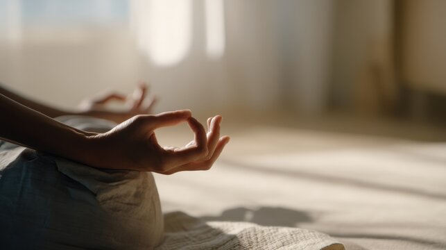 Hands in yoga mudra pose on beige linen mat for mindfulness branding, mental wellness content, meditation app visuals, holistic self-care concept, natural morning light aesthetic