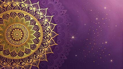 Golden Mandala with Purple Gradient Background and Scattered Golden Sparkles image photo