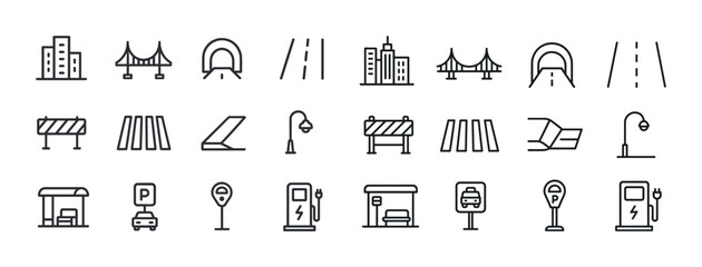 Minimalist line icons featuring urban infrastructure and transpo