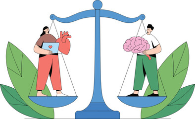 Vector Illustration of Man and Woman Balancing Heart and Brain on a Scale, Symbolizing Emotional Intelligence, Logic vs. Feeling, and Work-Life Balance