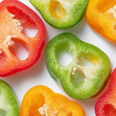 bell pepper slices arranged neatly, showing juicy interior and vibrant color gradients. Clean white background, high-contrast freshness, ideal for healthy food, meal-prep, and nutrition content.