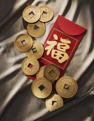 Red envelope with Fu symbol and ancient coins prosperity theme