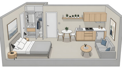Fototapeta premium Cozy Studio Apartment Illustration Showing Living Space, Kitchenette, and Bathroom