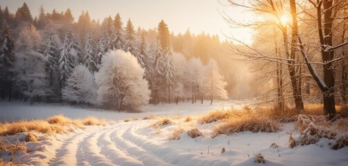 Winter forest landscape with snow-covered trees and a winding path at sunrise, bathed in warm golden light