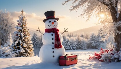 Obraz premium Festive snowman with a top hat and red scarf standing next to a decorated christmas tree in a sunny winter wonderland with a red suitcase