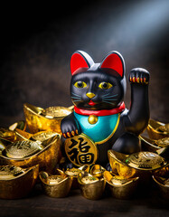 Black maneki neko lucky cat with gold coins prosperity symbol
