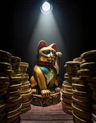 Golden maneki neko cat surrounded by stacks of lucky coins