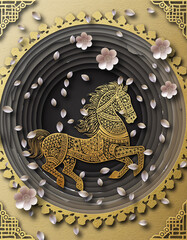 Golden ornamental horse with cherry blossoms circular oriental art