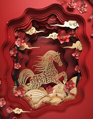 Golden horse framed by red ornamental oriental paper art