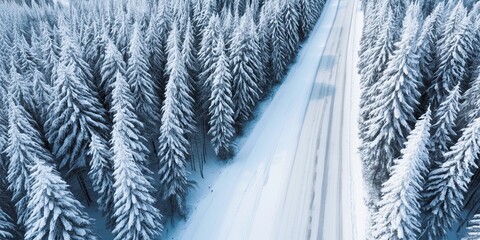 Aerial view of an asphalt road cutting through a dense snow-covered pine forest, a winter travel background