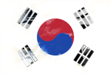 Watercolor depiction showcases the South Korean flag, symbolizing national identity with its red and blue Taegeuk symbol and black trigrams in a fluid style.