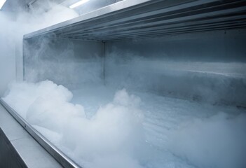 Frozen shelves and white fog in a cold storage room